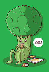 Broccoli eating fast food vector illustration. Fast food obesity design concept