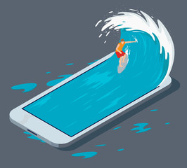 Surfer surfing a phone wave vector illustration. Surfing the web design concept