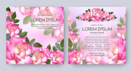 Floral vector card set with flowers of realistic pink rose. Romantic 3d templates for wedding invitation, greeting card, cosmetic products, packages, gift wraps and other design elements