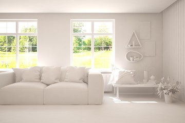 Mock up of stylish room in white color with sofa and green landscape in window. Scandinavian interior design. 3D illustration