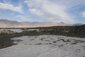 Saline-alkali land in areas around the Dachaidan Emerald Salt Lake, Qinghai Province China. Salt and texture. Crystal salt.