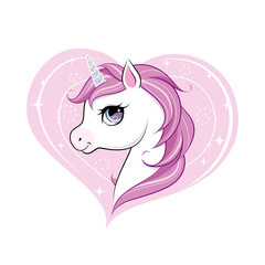 Cute little unicorn character over pink heart shape background. Vector.