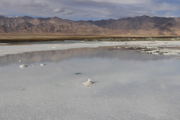 Saline-alkali land in areas around the Dachaidan Emerald Salt Lake, Qinghai Province China. Salt and texture. Crystal salt.