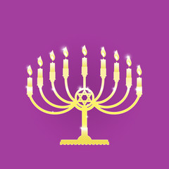 The golden symbol of Menorah with nine glowing candles is isolated on a purple background. The symbol is for the Hanukkah holiday.
