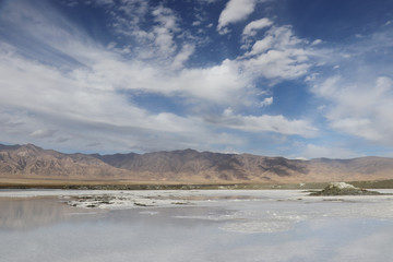 Saline-alkali land in areas around the Dachaidan Emerald Salt Lake, Qinghai Province China. Salt and texture. Crystal salt.