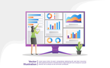 Data analysis concept. People analyze chart movements and business development. Data management, auditing and reporting. Can use for web landing page, banner, flyer, mobile app. Vector Illustration