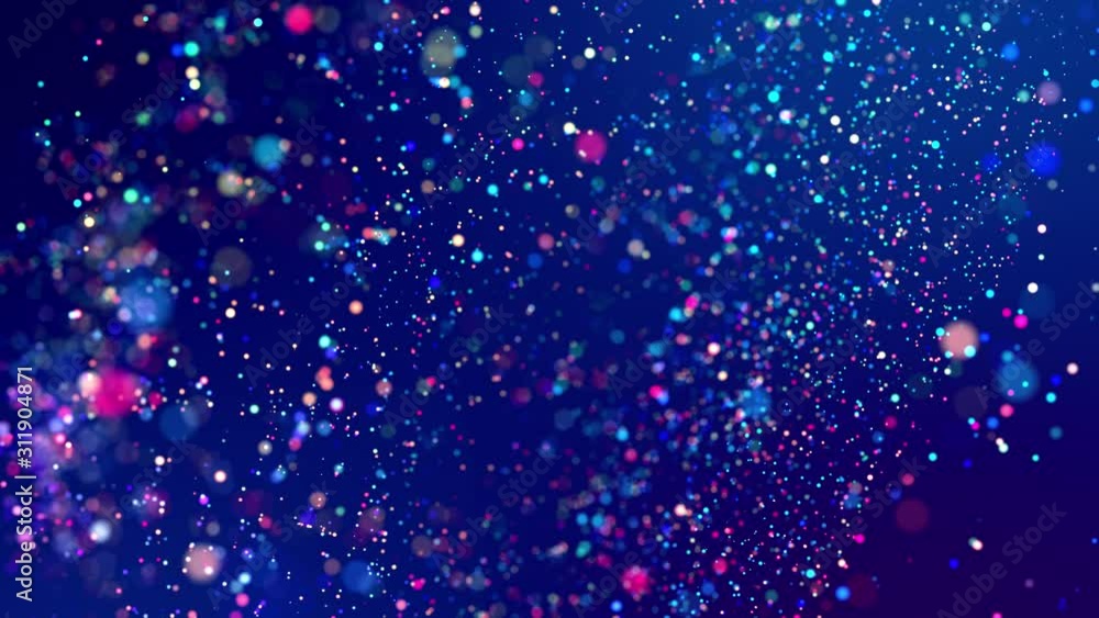 Poster glitter magic multicolor particles fly and glow in viscous liquid with amazing shining bokeh for fan