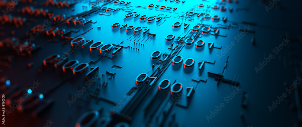 Poster Abstraction illustration binary code strings are processed by the computer's motherboard. Background from lines of binary code. Background with depth of field and bokeh. 3d rendering