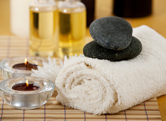 Spa arrangement with towels, oils and soap