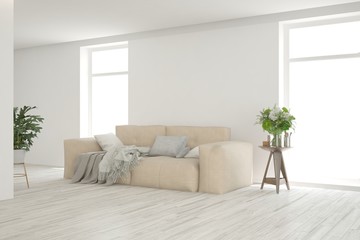 Fototapeta premium Stylish room in white color with sofa. Scandinavian interior design. 3D illustration