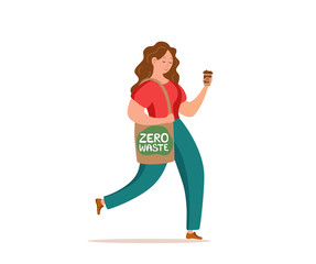 Young girl holding reusable cotton bag vector illustration.