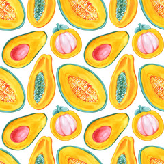 Tropical fruits Seamless Pattern. Trendy Summer Color Exotic fruits set. Bright colorfull neon abstract background. Dragon fruit, melon, papaya, mangosteen, avocado. Mint, Yellow, Red, Pink