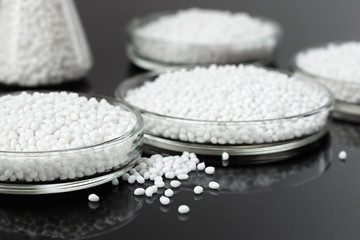 Closeup of a white plastic polymer in granules