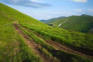 Dirt road tracks in the mountains on bright green meadow. Springtime mountain landscape. Hiking trail in Carpathians. Ukraine.