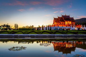 CHIANG MAI, THAILAND - DECEMBER 22, 2019 : The Royal Pavilion and reflection in pond in Chiang Mai. A large botanical garden and the most famous tourist attraction in Thailand.