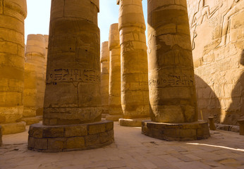 Karnak Temple, Colossal sculptures of ancient Egypt in the Nile Valley in Luxor, Embossed...