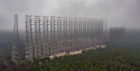 An aerial view taken with a drone of Soviet over-the-horizon radar Duga in Chernobyl Exclusion...