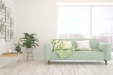 Stylish room in white color with sofa. Scandinavian interior design. 3D illustration