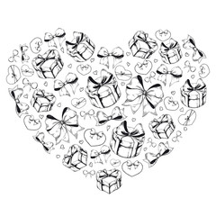 Heart shape with gift boxes, hearts and bows for Valentine's Day design. Black and white sketchy illustration. Hand drawn vector isolated on white.