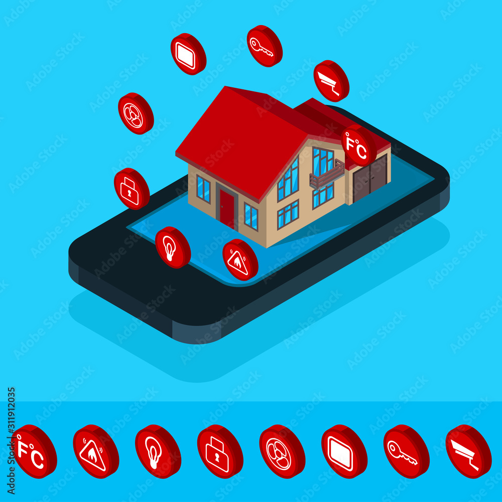 Aufkleber smart home system concept. 3d isometric remote house control system. iot concept. smart home connect