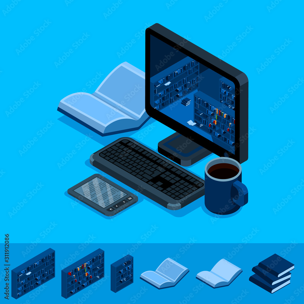 Poster online library isometric concept. library that looks like laptop. ereader near the computer. educati
