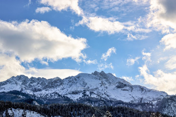 A winter wonderland - mountains and trees full of snow and a beautiful blue sky with white clouds