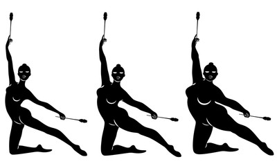 Collection. Silhouette of a cute lady, she does rhythmic gymnastics with clubs. The woman is overweight. Slender girl athlete. Vector illustration set