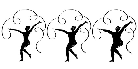 Collection. Silhouette of a cute lady, she is engaged in rhythmic gymnastics with a ribbon. The woman is overweight and slender girl athlete. Vector illustration set