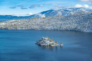 The Lake Tahoe in Nevada and California, panorama of the Emerald Bay in winter
