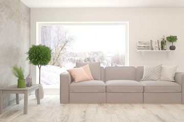 Stylish room in white color with sofa and winter landscape in window. Scandinavian interior design. 3D illustration
