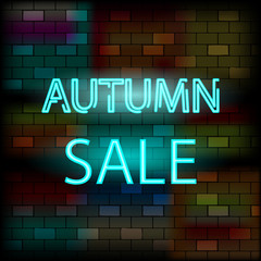 Vip neon icon. Autumn sale neon sign. Autumn sale neon logo on the dark brick wall background. Flat style. Vector illustration