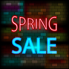 Plakat Vip neon icon. Spring sale neon sign. Summer sale neon logo on the dark brick wall background. Flat style. Vector illustration