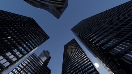 Panoramic and perspective view to steel light blue background of glass high rise building skyscraper city of future. Business concept of industry tech architecture. 3d rendering. 3d illustration