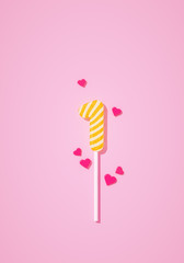 Numeral 1. Lollipop number One and hearts isolated on pink background. First Anniversary celebration. Birthday holiday party event decoration. 3d rendering