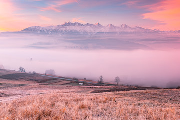 Panoramic View over Tatra Mountains in Snow over Fog at Sunrise in Pieniny, Poland