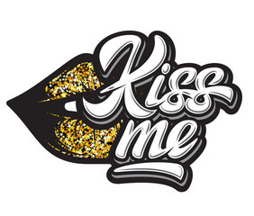 Female gold glitter lips isolated on white background with calligraphic inscription