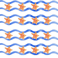 Pattern of watercolor starfishes waves on a white background. Use for invitations, birthdays, menus.