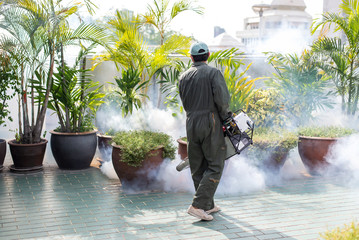 Man work fogging to eliminate mosquito for preventing spread dengue fever