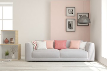 Stylish room in pink color with sofa. Scandinavian interior design. 3D illustration