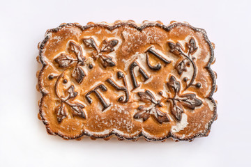 Famous Tula Pryanik, traditional ethnic Russian sweet baked bread made with honey, from the city of Tula (with the city name imprinted on pryanik), sold at the Christmas fairs