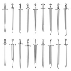 Set of simple monochrome images of medieval short swords drawn by lines.