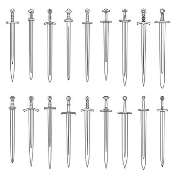 Set of simple monochrome images of medieval short swords drawn by lines.
