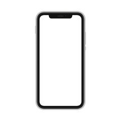 Frameless smartphone mock up isolated on white background. Cell shape with eyebrow for selfie camera and sensors
