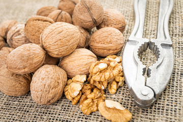 Walnut kernel background. Nutcracker with walnut