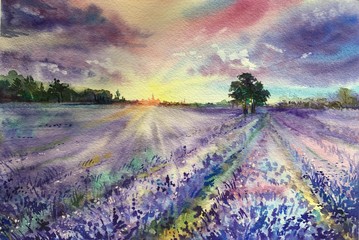 Watercolor french lavender field at sunset. Valensole lavender fields. Provence, France. Violet, purple flowers. Horizontal view, copy-space. Template for designs, card, border, posters. 