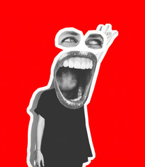 Collage of modern art. A crazy girl in a black T-shirt and rock glasses screams, holding on to her...