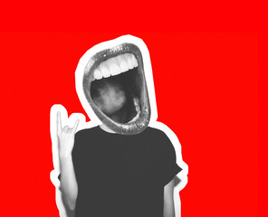 Collage of modern art. A crazy girl in a black T-shirt and rock glasses screams, holding on to her head. Rocky emotional woman, black and white tones on a fashionable red background