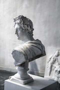 God Apollo Bust Sculpture. Ancient Greek God Of Sun And Poetry Plaster Copy Of A Marble Statue On Grange Concrete Wall Background In Studio. Copyspace For Text.