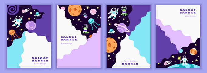 Set of cartoon colorful templates for flyers, banners, covers, posters. Space, planets and stars. Flat vector illustration. Place for your text. Modern design.