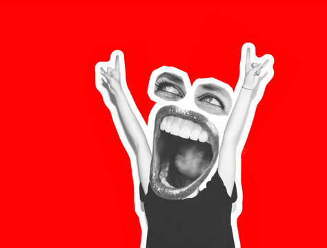 Collage of modern art. A crazy girl in a black T-shirt and rock glasses screams, holding on to her head. Rocky emotional woman, black and white tones on a fashionable red background
